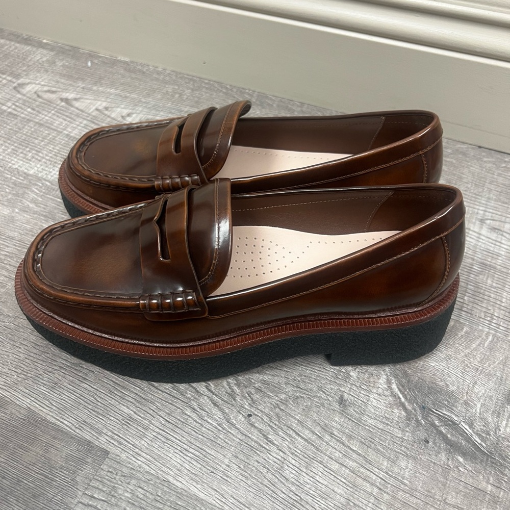 Loeffler Randall Chestnut Brown Leather Platform Penny Loafers - Picture 3 of 6